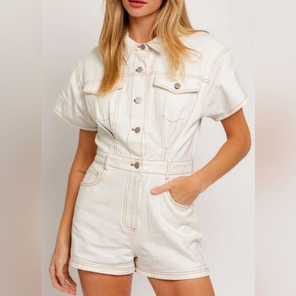 Lelis White Denim Romper Button Down Size Small - Picture 1 of 9